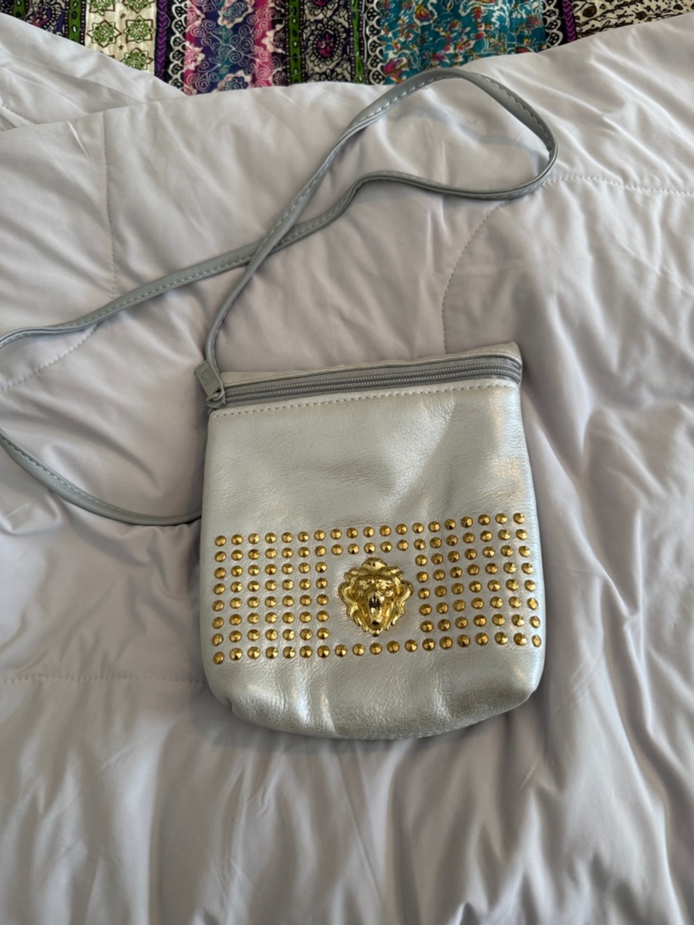 Pinky Silver Crossbody Bag with Gold Lion Studs